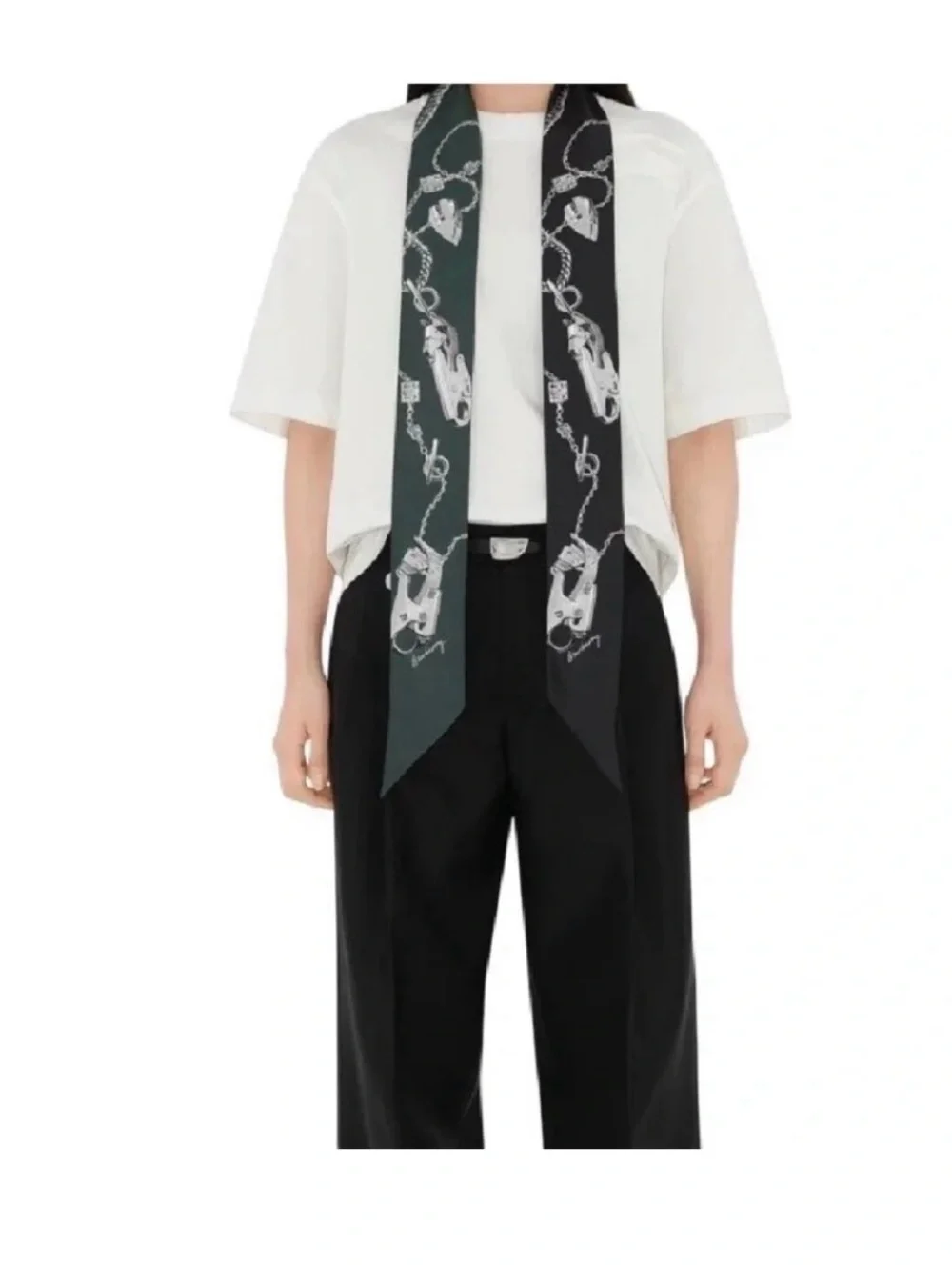 Burberry Black & Dark Green Silk Scarf Twilly with Silver Hardware Motif